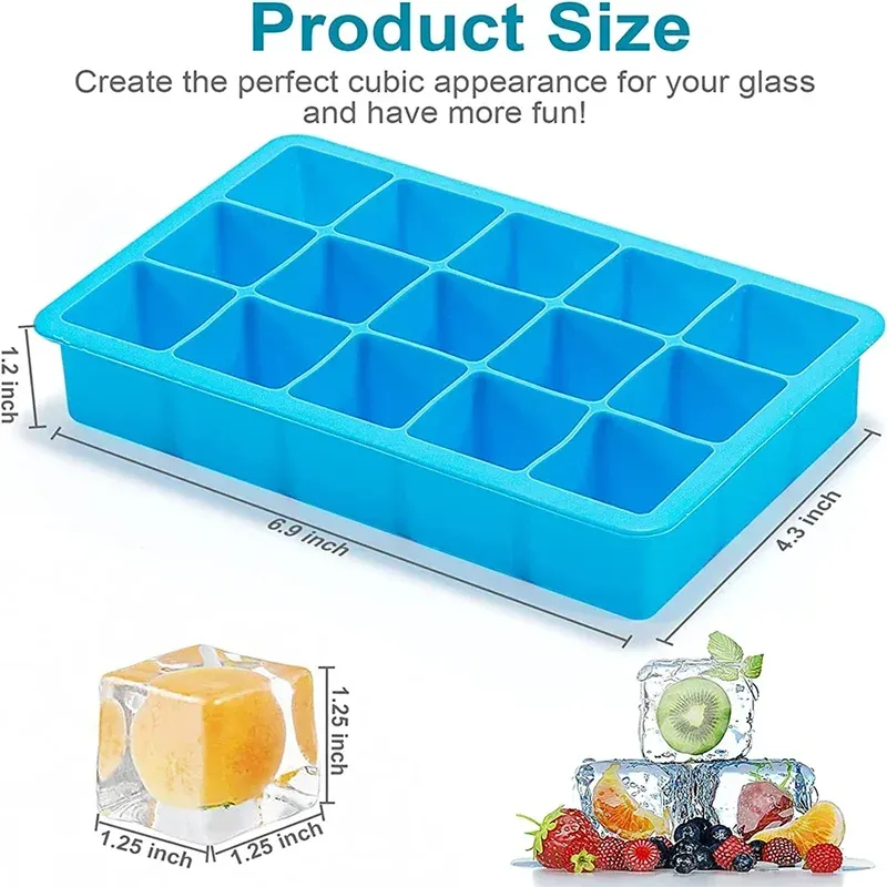 15 Grid Ice Cube Tray Silicone Ice Tray Easy-Release Flexible Molds Reusable Stackable Ice Trays  Freezer for Cocktail Whiskey