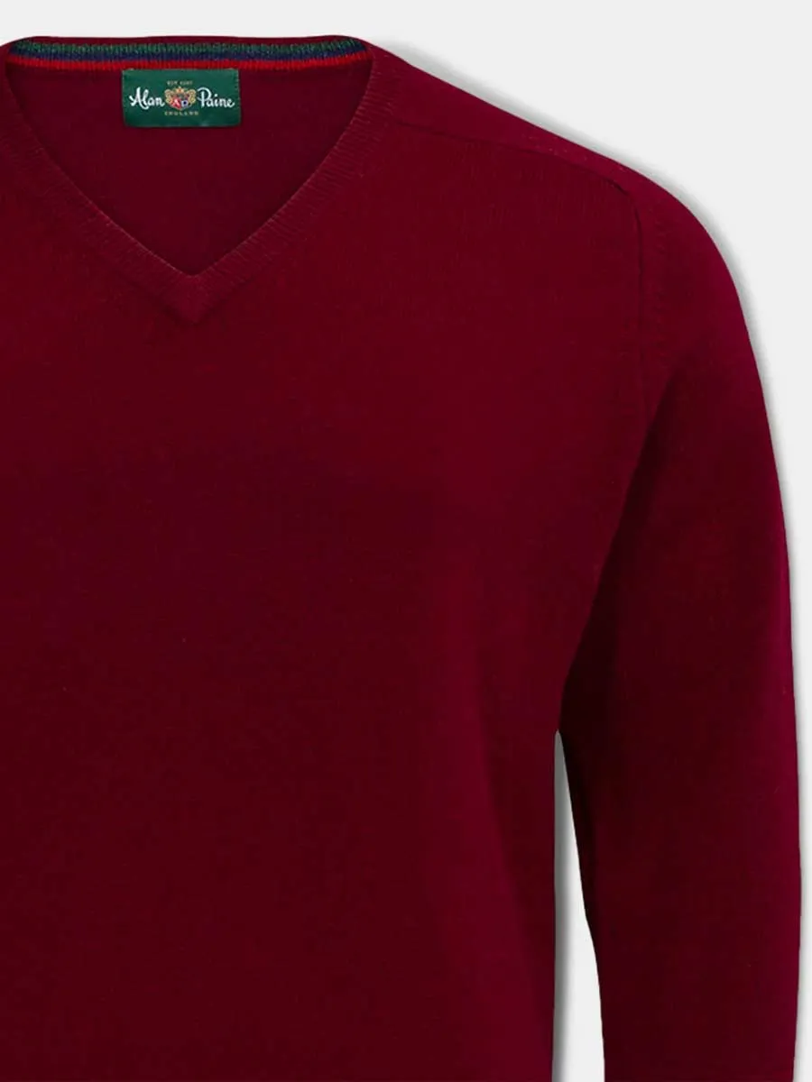 40% OFF ALAN PAINE Streetly Men's V Neck Lambswool Jumper - Bordeaux - Size Large