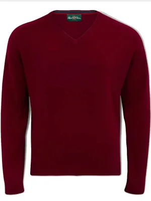 40% OFF ALAN PAINE Streetly Men's V Neck Lambswool Jumper - Bordeaux - Size Large