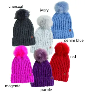 ABB342 - BOUCLE KNIT BEANIE WITH FAUX FUR POM
