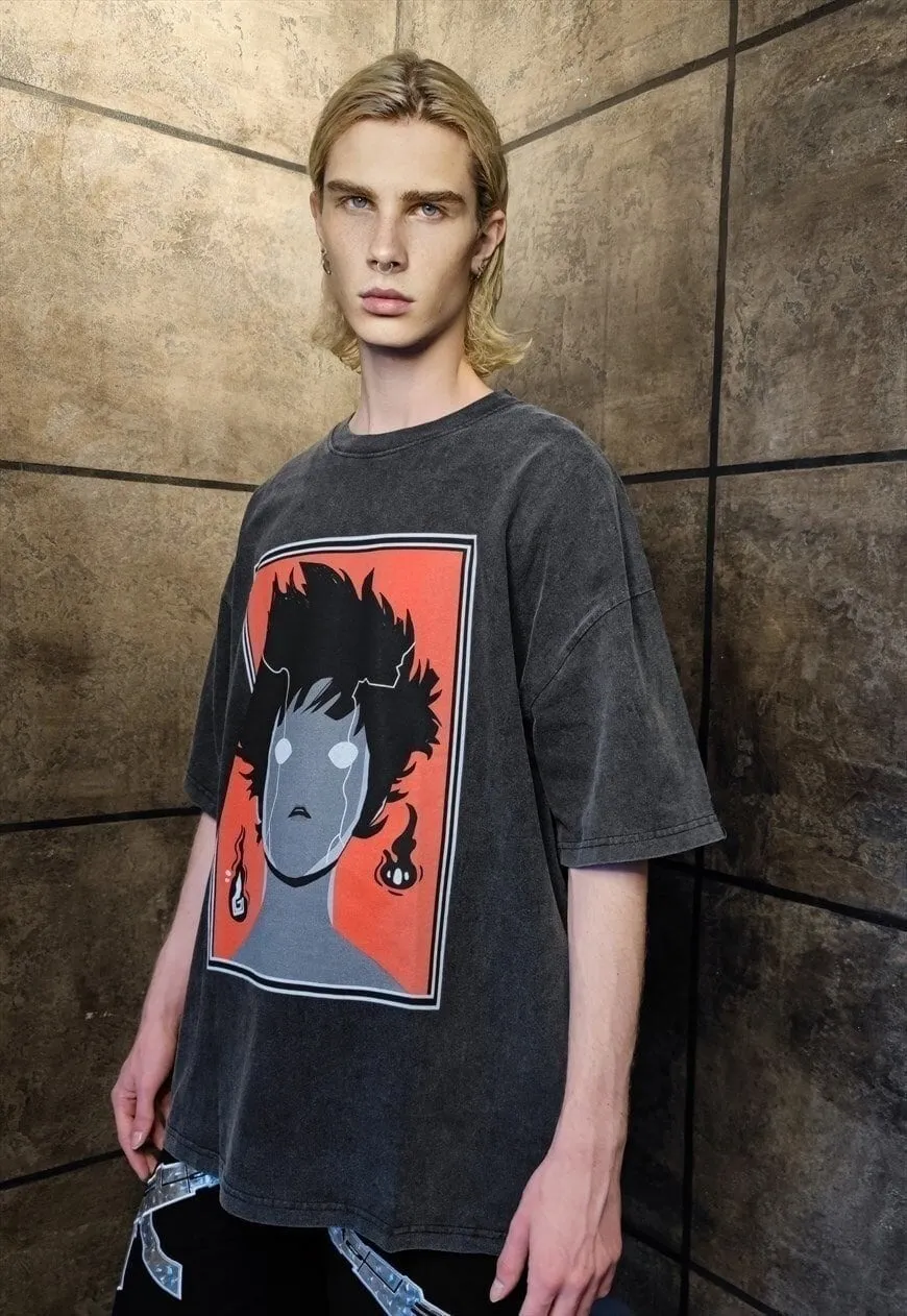 Anime t-shirt premium vintage wash grunge tee in grey