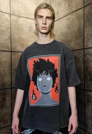 Anime t-shirt premium vintage wash grunge tee in grey