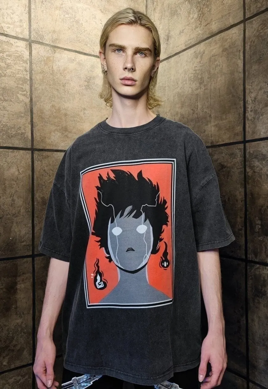 Anime t-shirt premium vintage wash grunge tee in grey