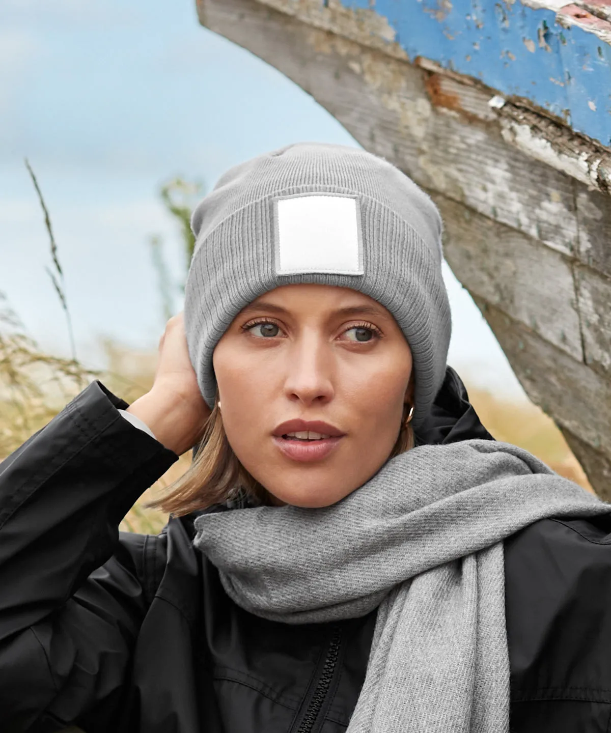 Appliqu patch beanie | Oatmeal/White