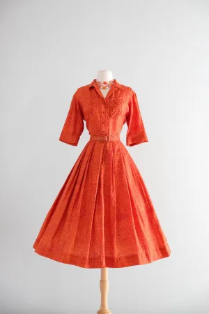 Autumnal 1950's Burnt Orange Speckled Silk Dress by Jerry Gilden / Medium