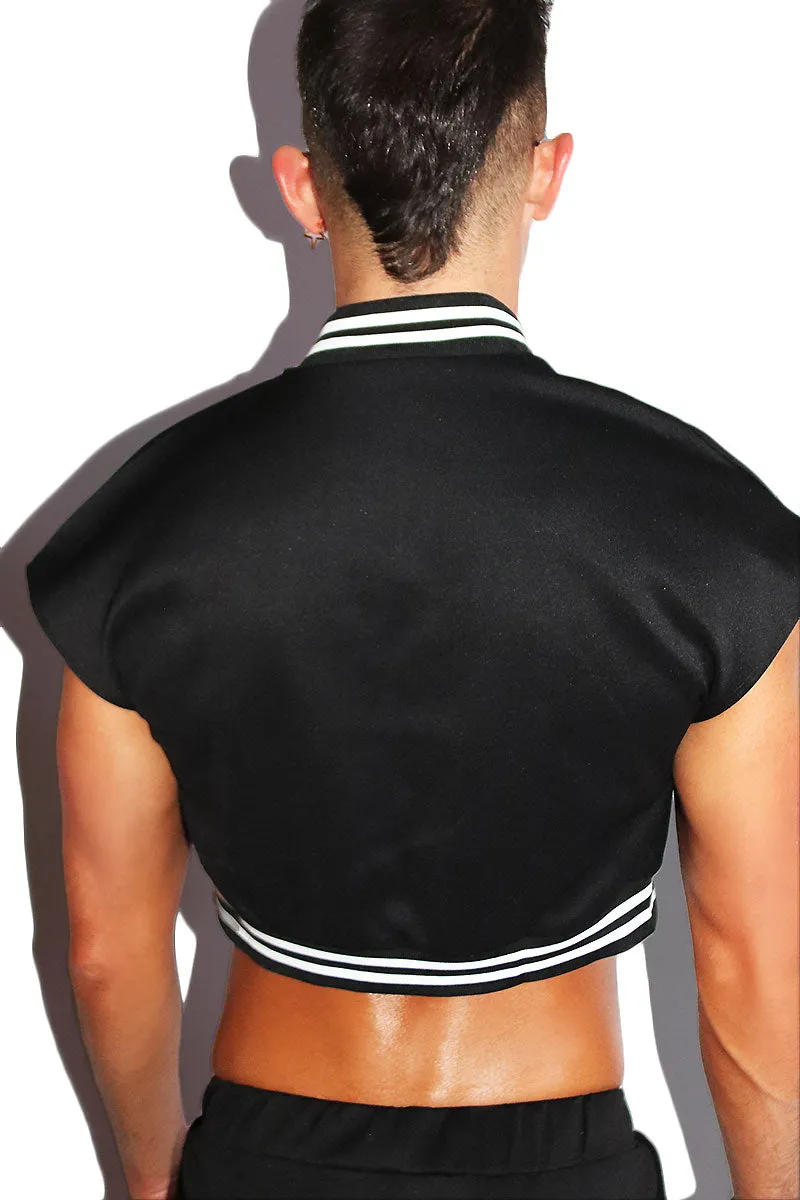 Bare Back Crop Letterman Jacket- Black