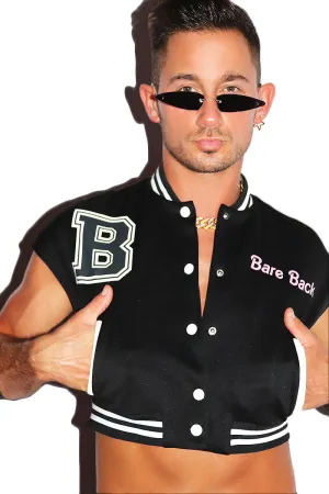 Bare Back Crop Letterman Jacket- Black