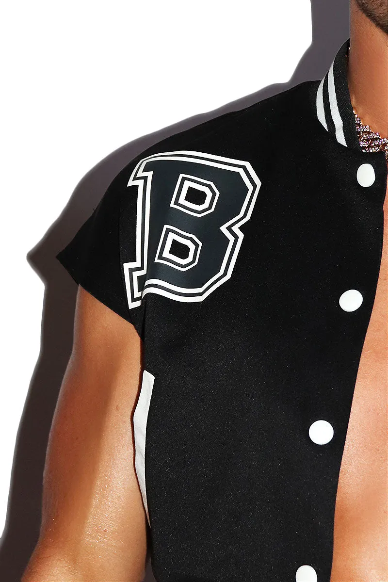 Bare Back Crop Letterman Jacket- Black