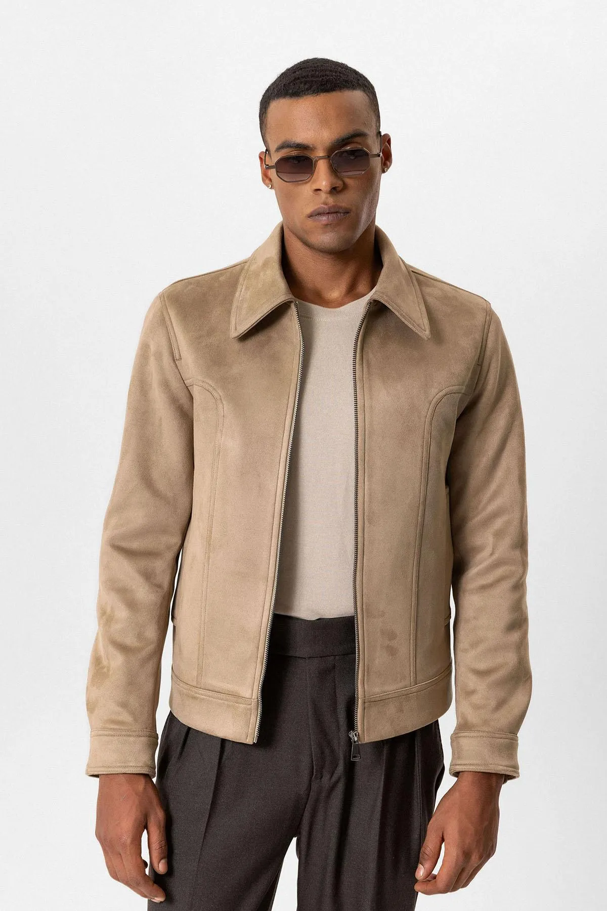Beige Crop Fit Suede Men's Jacket - Wessi