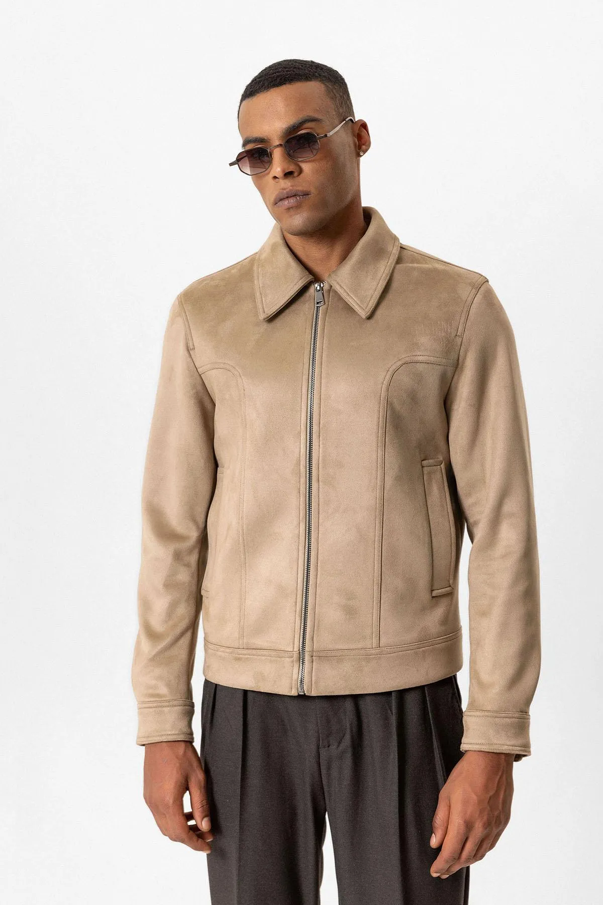 Beige Crop Fit Suede Men's Jacket - Wessi