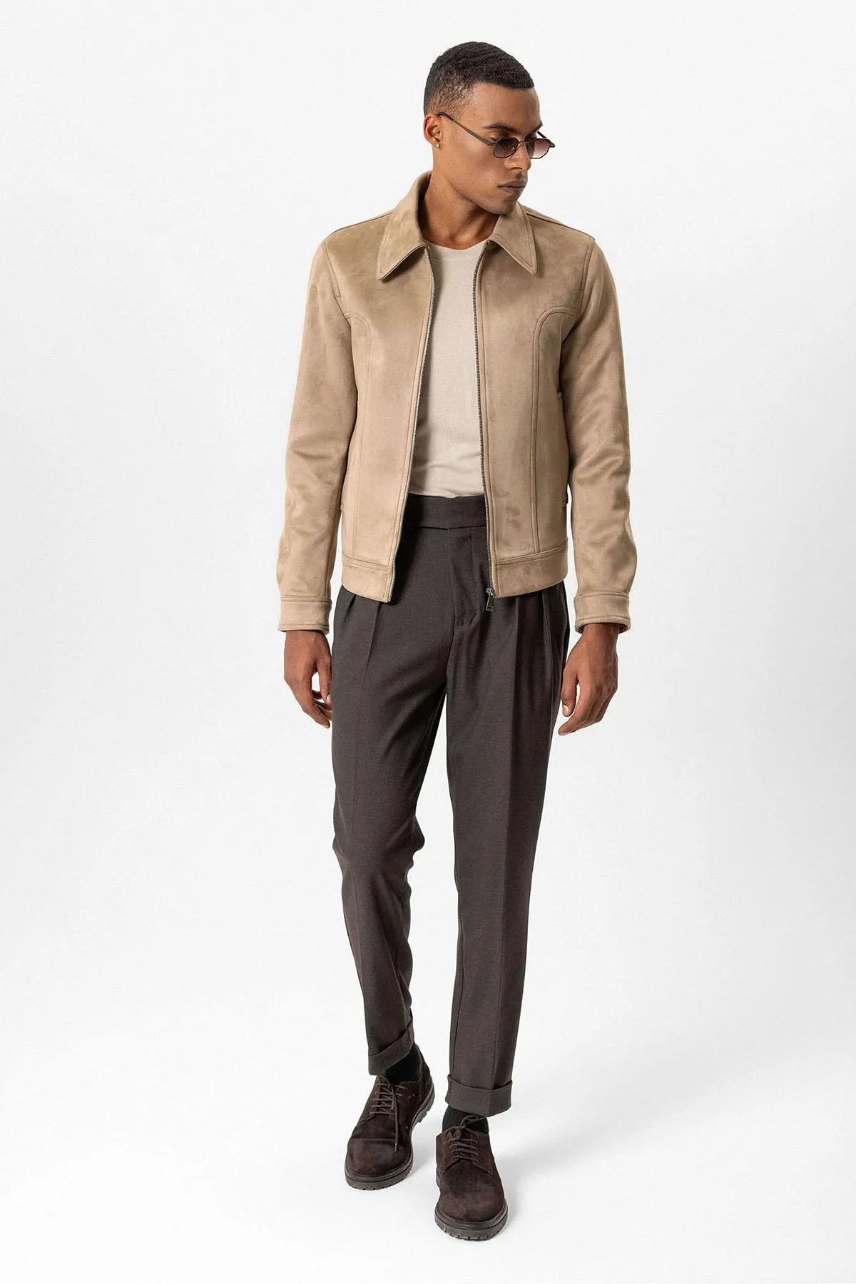 Beige Crop Fit Suede Men's Jacket - Wessi