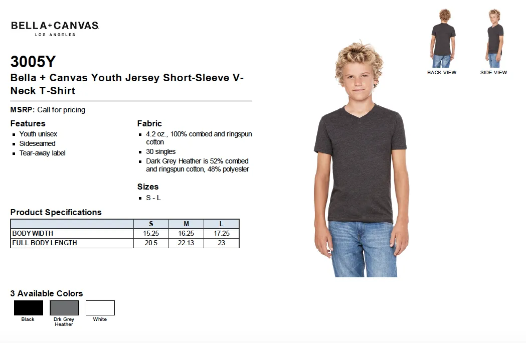 Bella Canvas Youth Jersey Short Sleeve V Neck