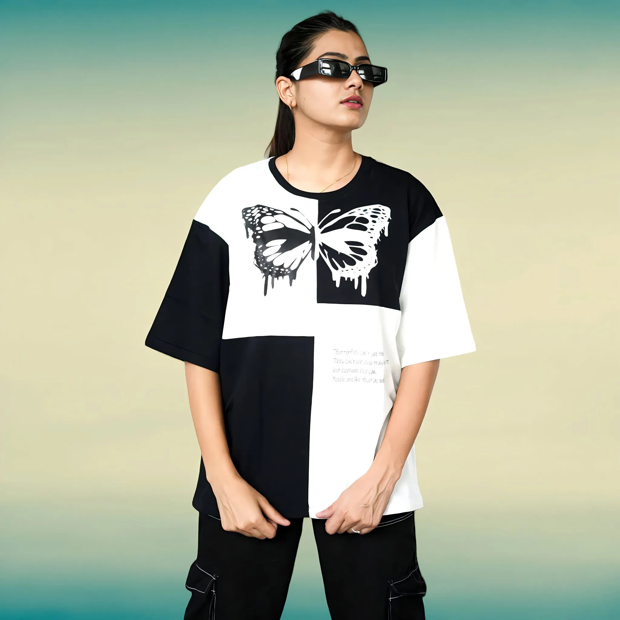 Black & White Premium Chess Pattern Butterfly Relaxed Fit T-shirt (230 GSM)