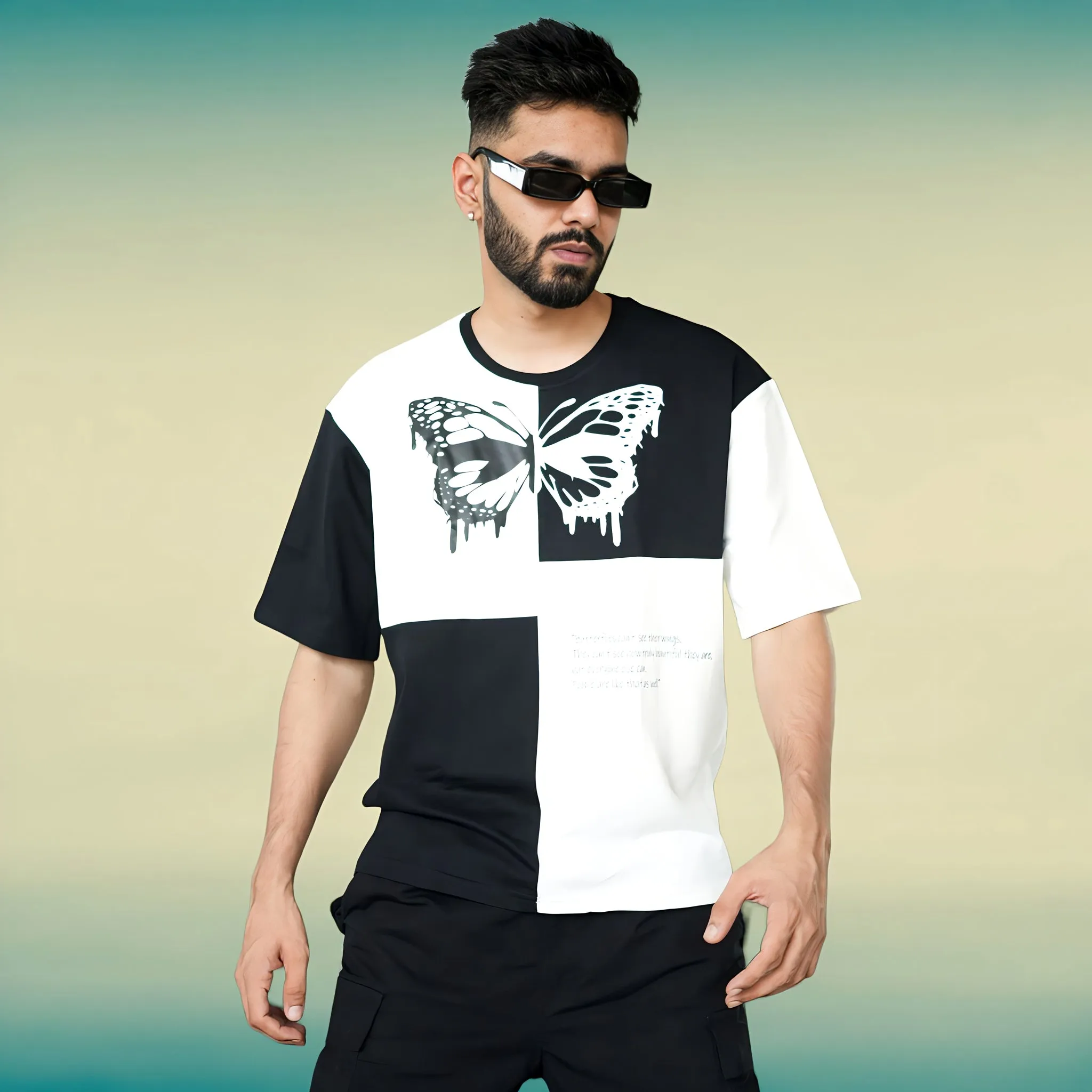 Black & White Premium Chess Pattern Butterfly Relaxed Fit T-shirt (230 GSM)