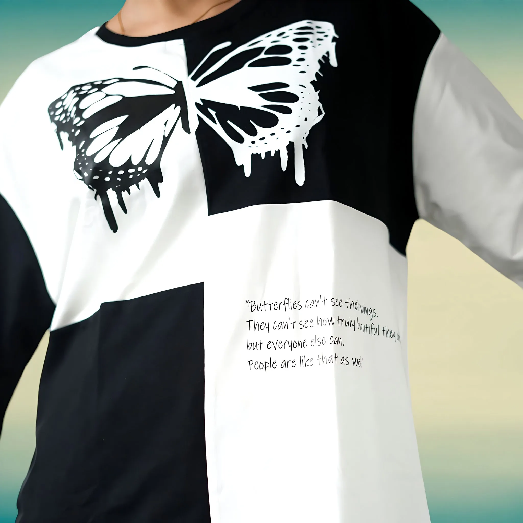 Black & White Premium Chess Pattern Butterfly Relaxed Fit T-shirt (230 GSM)