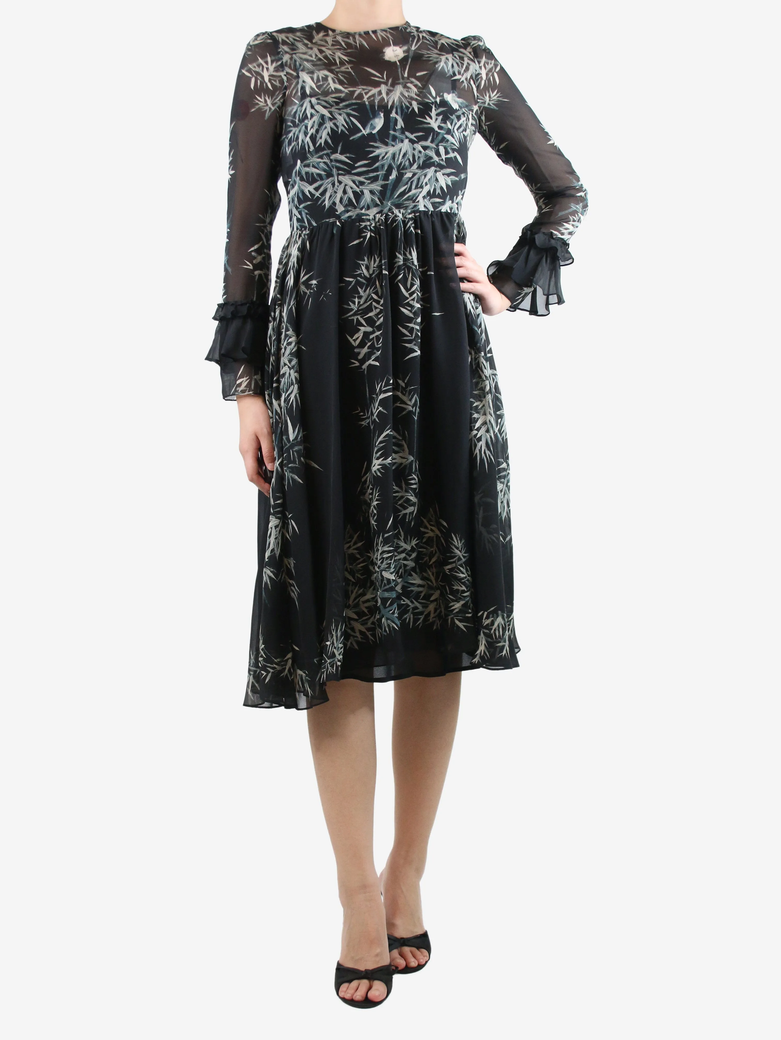Black floral-printed midi dress - size UK 8