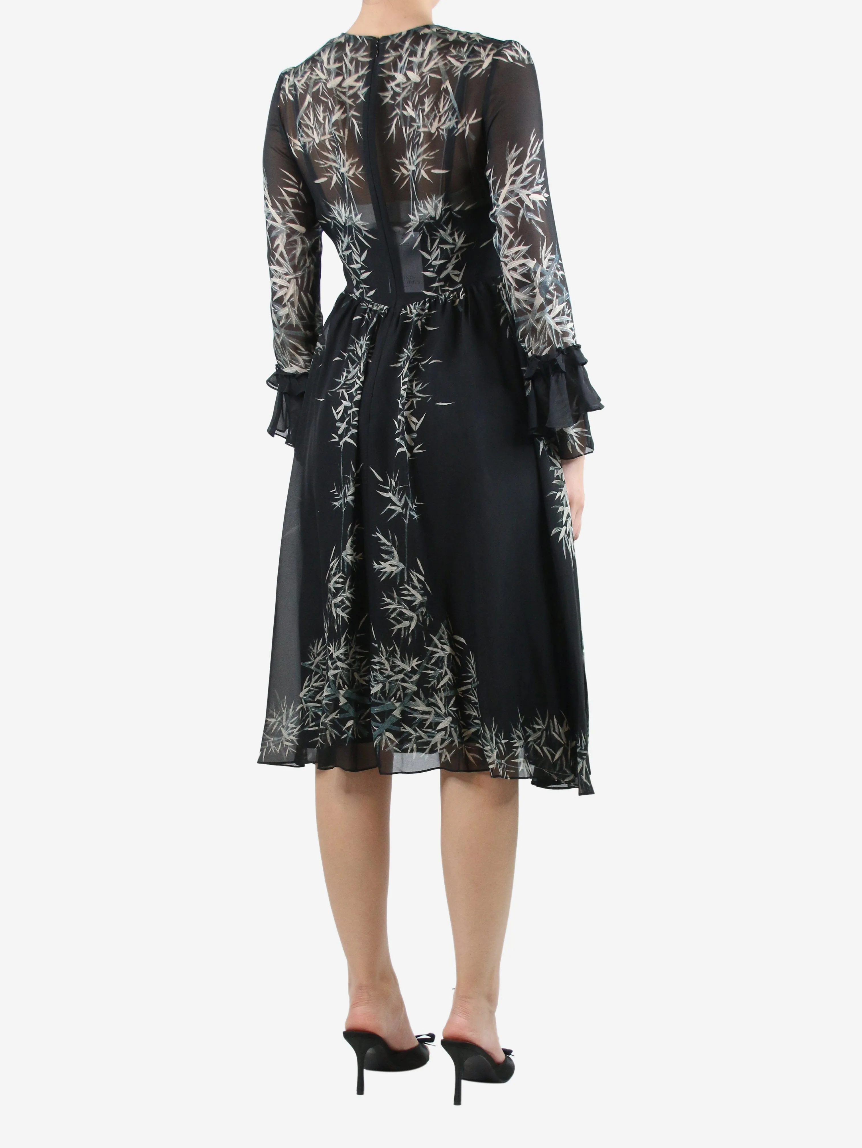Black floral-printed midi dress - size UK 8