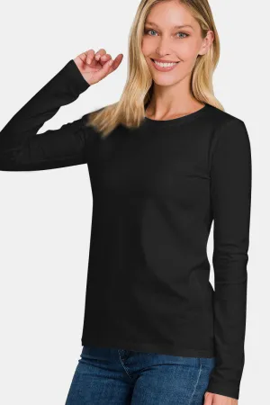 Black Full Size Solid Color Round Neck Long Sleeve T-Shirt
