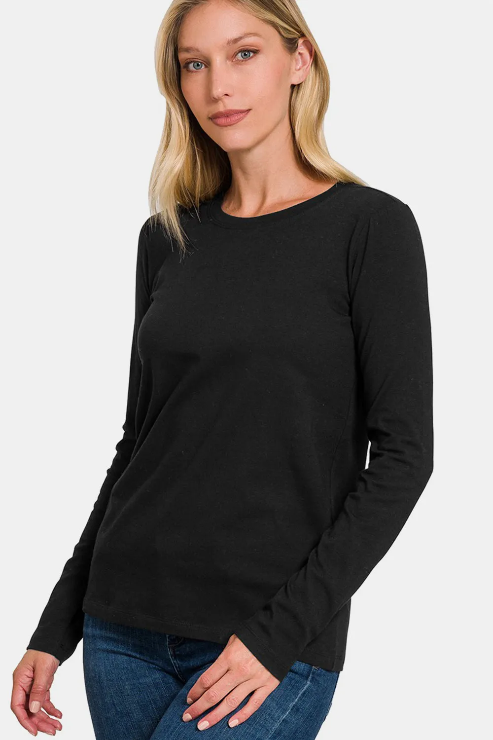 Black Full Size Solid Color Round Neck Long Sleeve T-Shirt