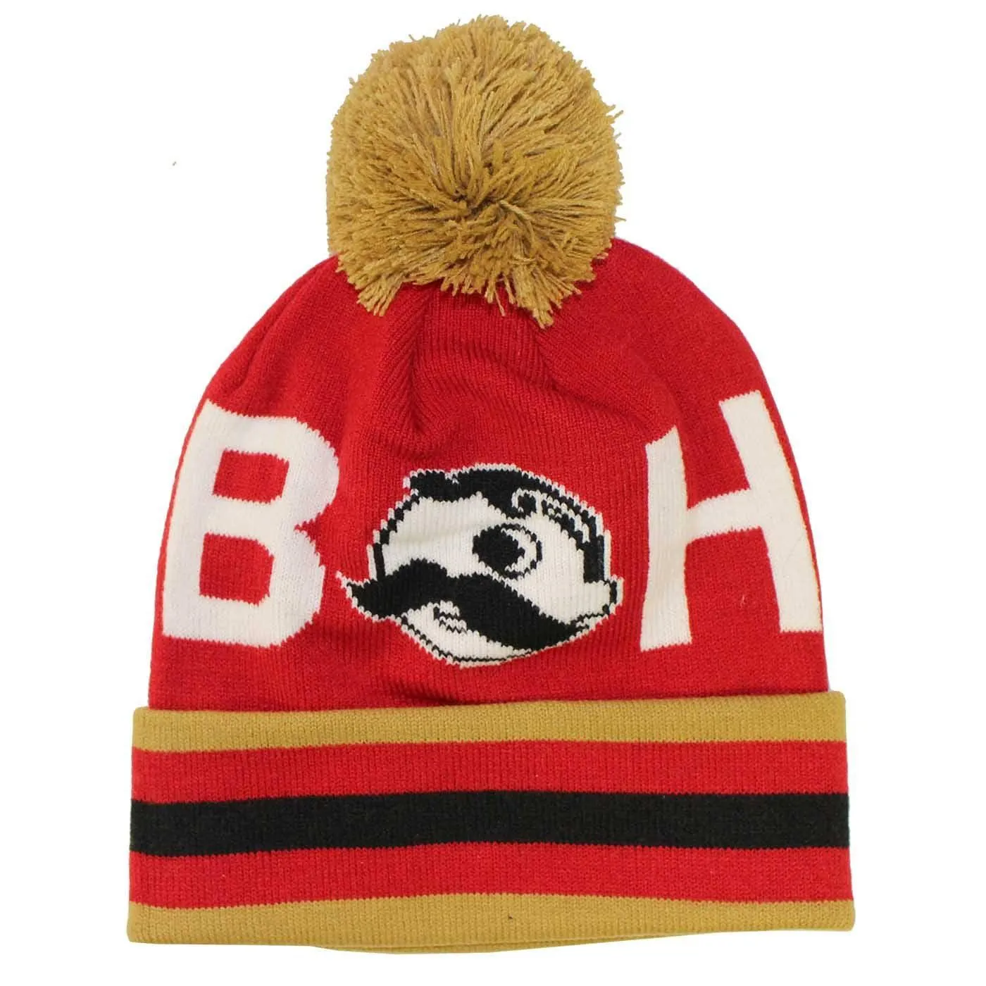 Boh Logo Text (Red w/ Gold Pom) / Knit Beanie Cap