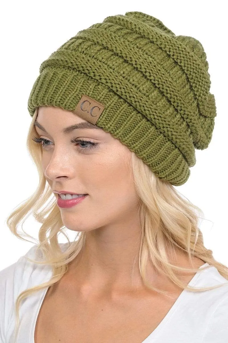 C.C Hat 20A - Slouchy Thick Warm Cap Hat Skully Color Cable Knit Beanie