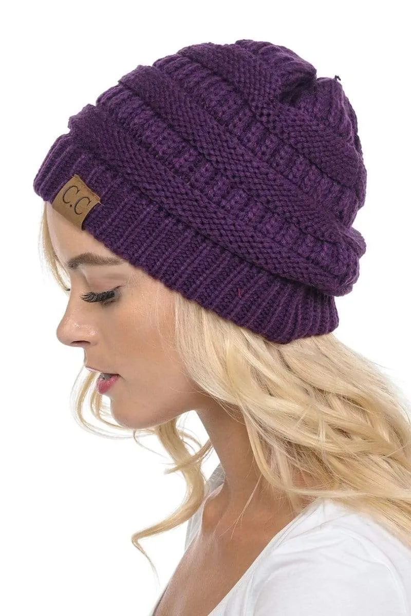 C.C Hat 20A - Slouchy Thick Warm Cap Hat Skully Color Cable Knit Beanie