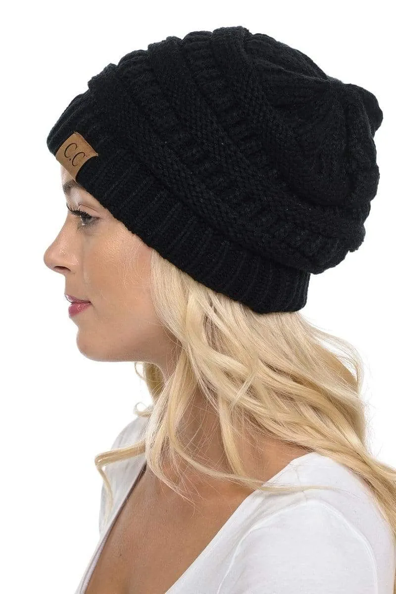 C.C Hat 20A - Slouchy Thick Warm Cap Hat Skully Color Cable Knit Beanie