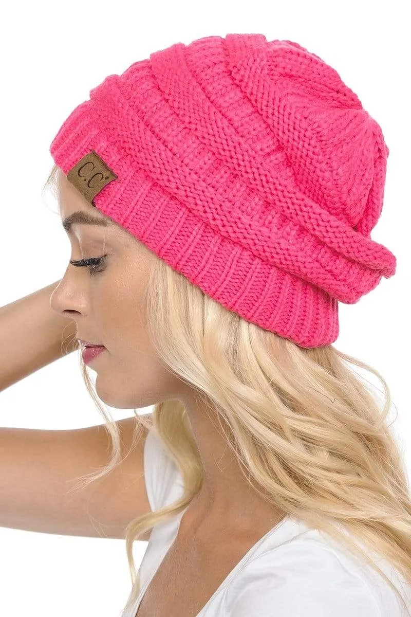 C.C Hat 20A - Slouchy Thick Warm Cap Hat Skully Color Cable Knit Beanie