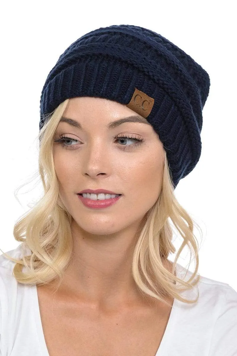 C.C Hat 20A - Slouchy Thick Warm Cap Hat Skully Color Cable Knit Beanie