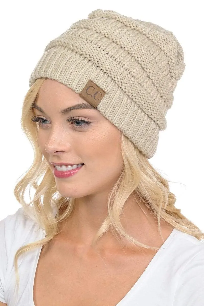 C.C Hat 20A - Slouchy Thick Warm Cap Hat Skully Color Cable Knit Beanie