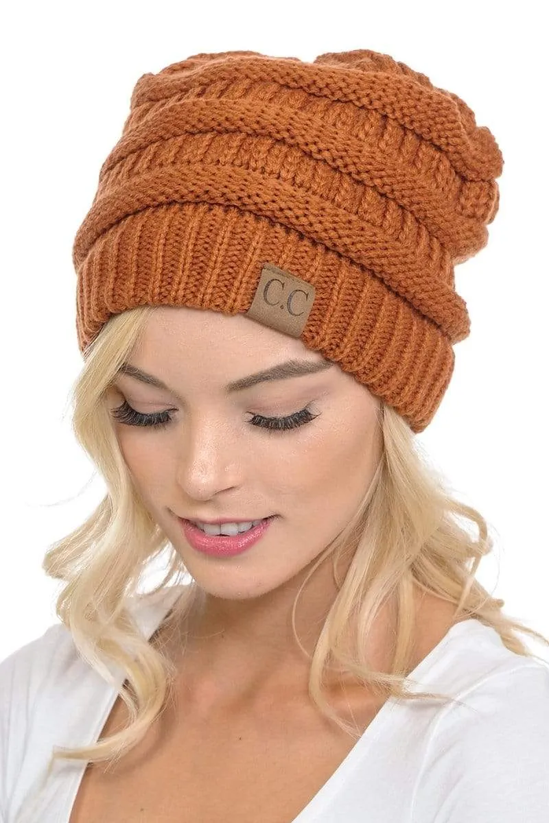 C.C Hat 20A - Slouchy Thick Warm Cap Hat Skully Color Cable Knit Beanie
