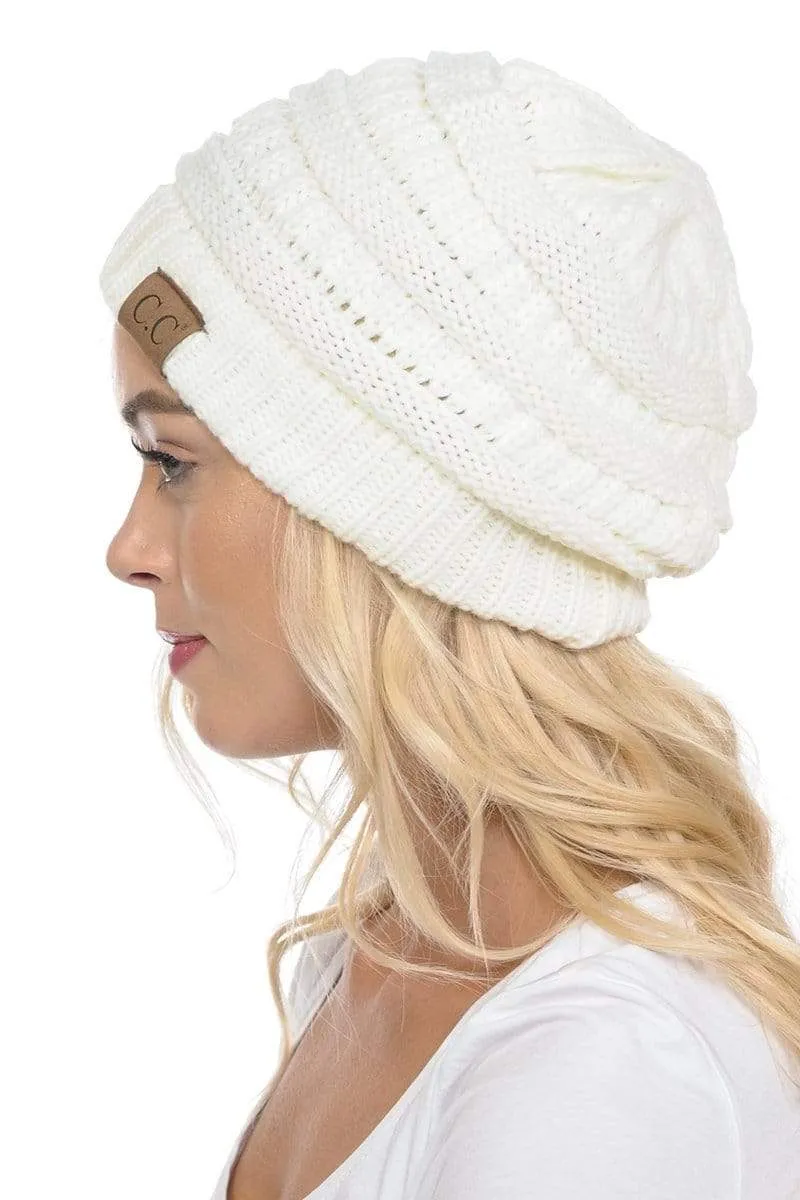 C.C Hat 20A - Slouchy Thick Warm Cap Hat Skully Color Cable Knit Beanie