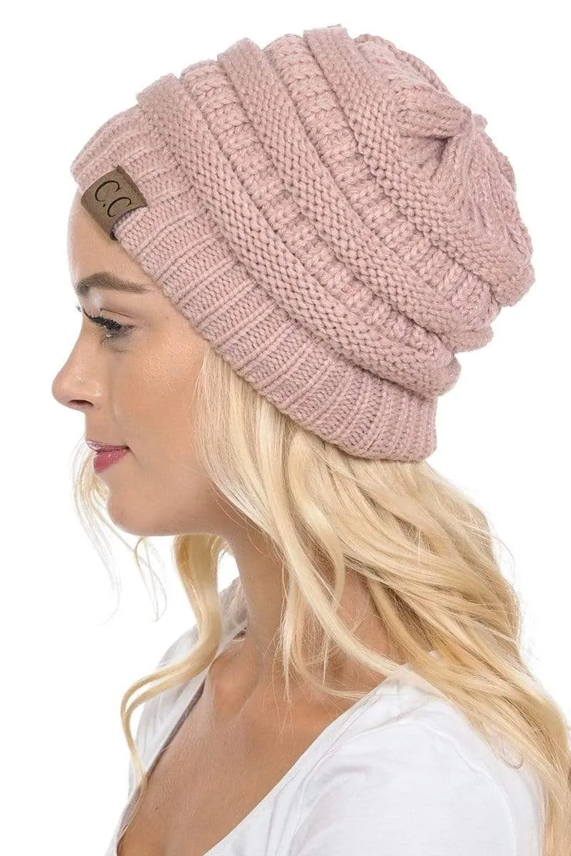 C.C Hat 20A - Slouchy Thick Warm Cap Hat Skully Color Cable Knit Beanie