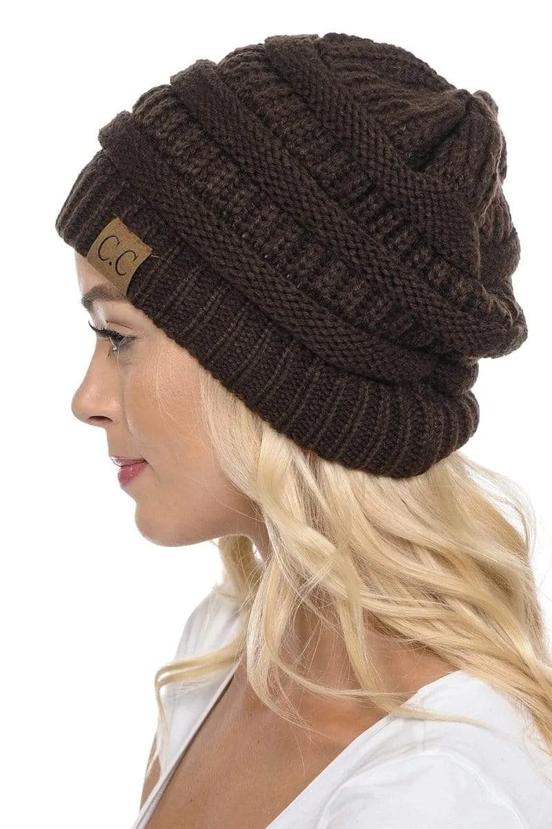 C.C Hat 20A - Slouchy Thick Warm Cap Hat Skully Color Cable Knit Beanie