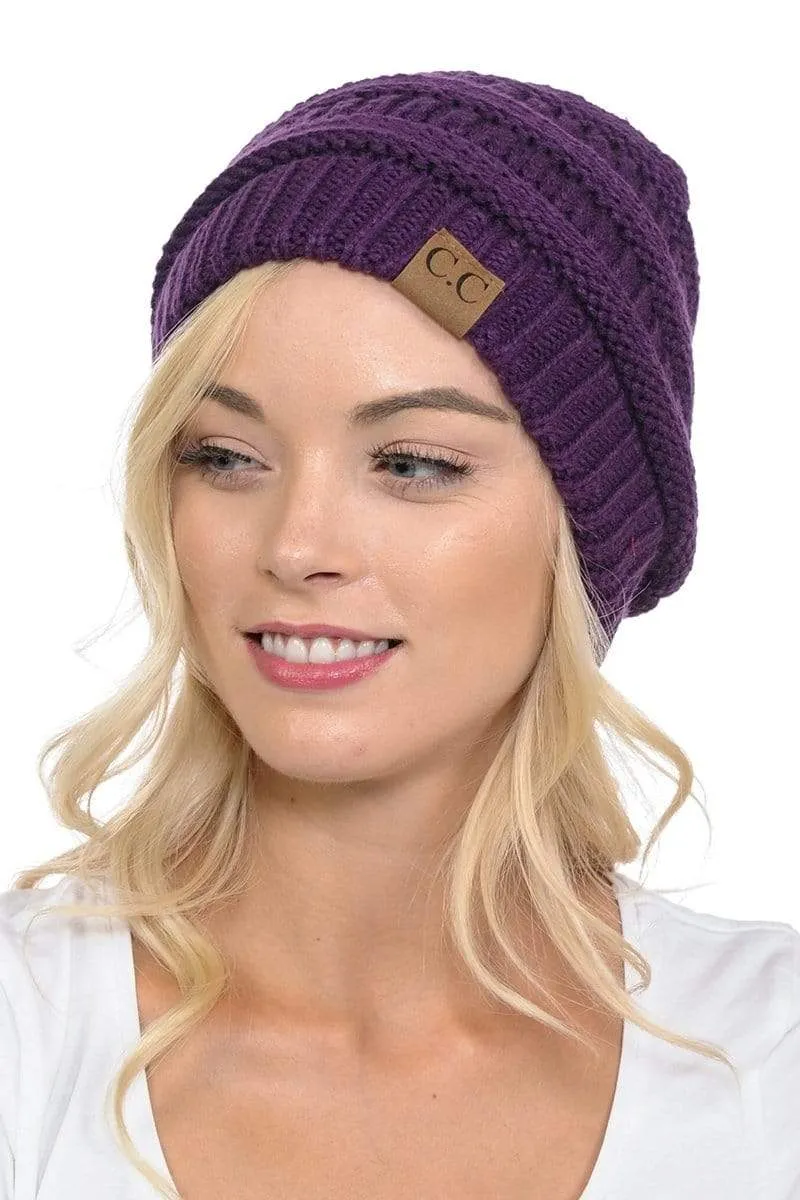 C.C Hat 20A - Slouchy Thick Warm Cap Hat Skully Color Cable Knit Beanie