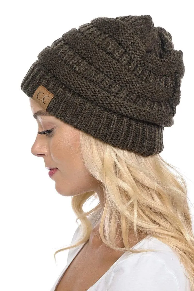 C.C Hat 20A - Slouchy Thick Warm Cap Hat Skully Color Cable Knit Beanie