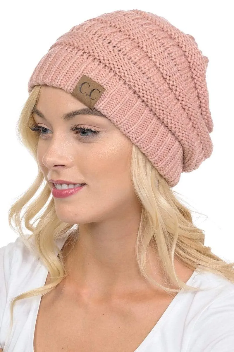 C.C Hat 20A - Slouchy Thick Warm Cap Hat Skully Color Cable Knit Beanie