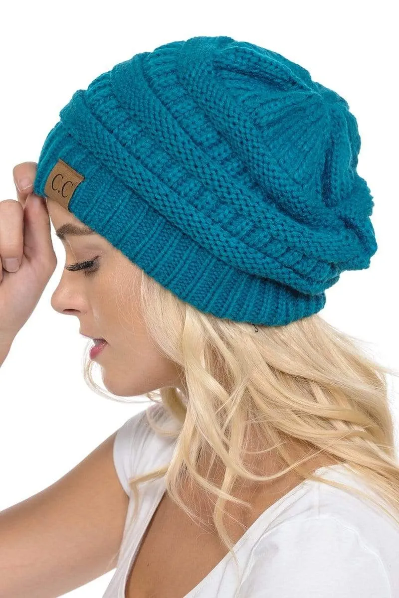 C.C Hat 20A - Slouchy Thick Warm Cap Hat Skully Color Cable Knit Beanie