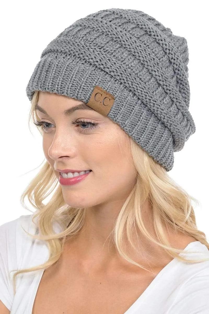 C.C Hat 20A - Slouchy Thick Warm Cap Hat Skully Color Cable Knit Beanie
