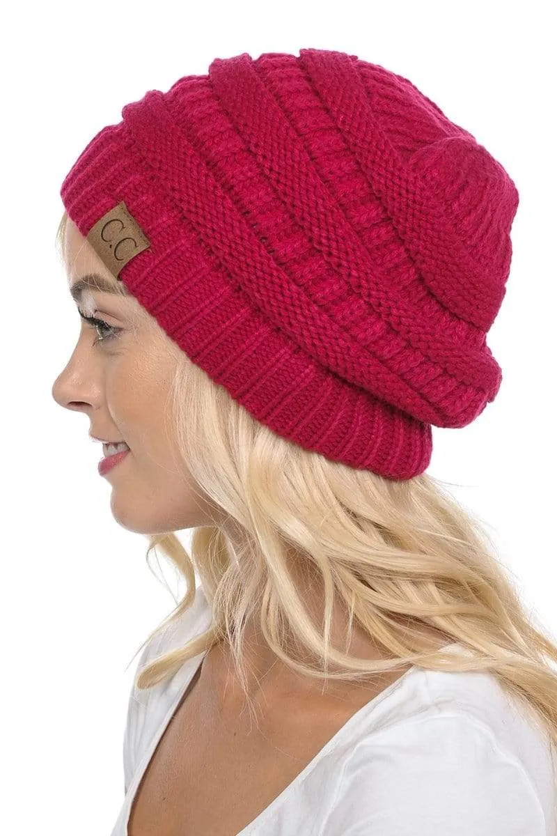 C.C Hat 20A - Slouchy Thick Warm Cap Hat Skully Color Cable Knit Beanie