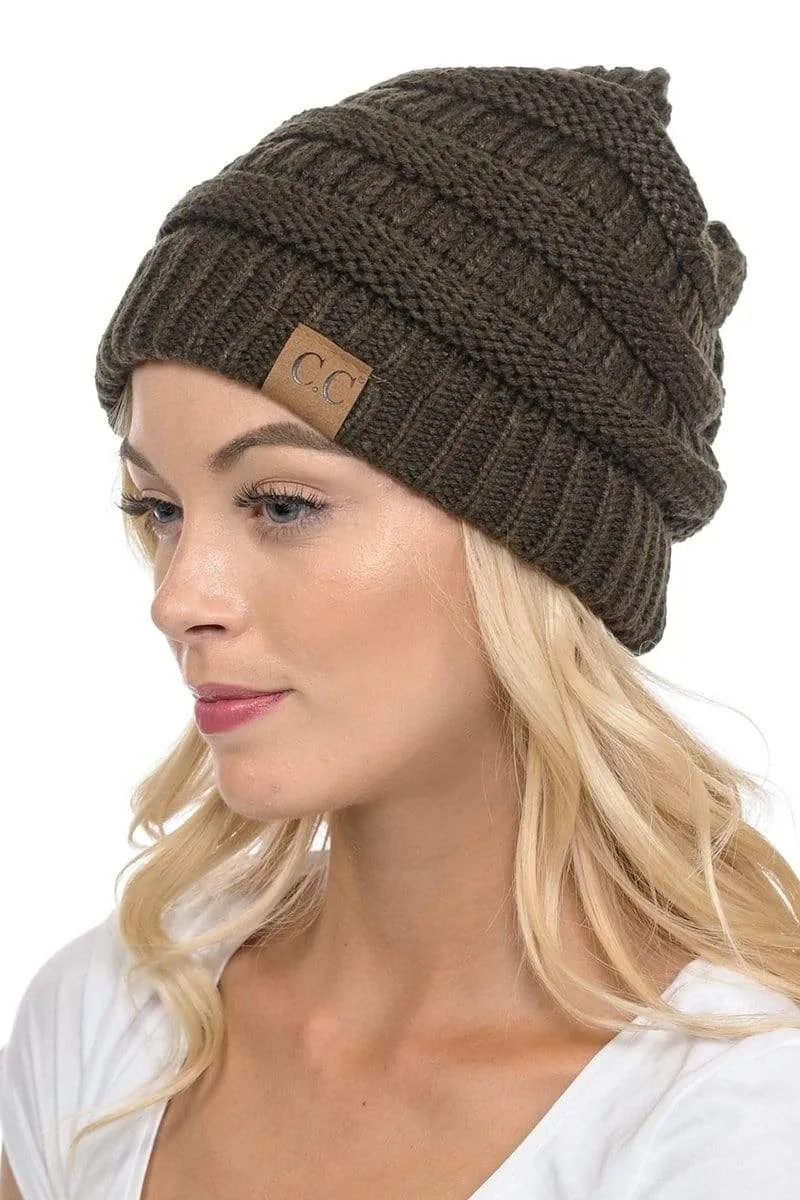 C.C Hat 20A - Slouchy Thick Warm Cap Hat Skully Color Cable Knit Beanie