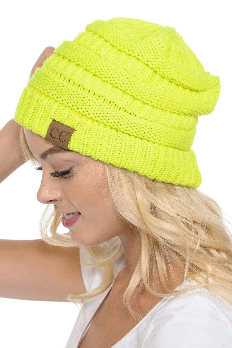 C.C Hat 20A - Slouchy Thick Warm Cap Hat Skully Color Cable Knit Beanie