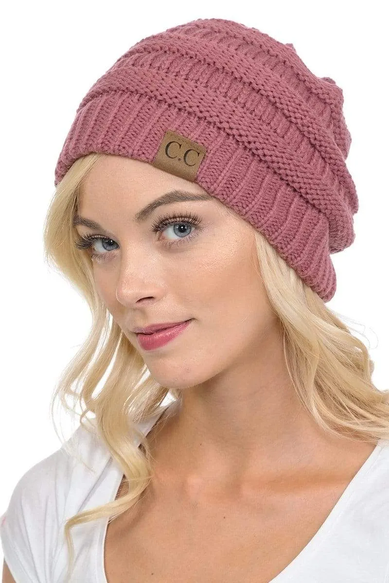 C.C Hat 20A - Slouchy Thick Warm Cap Hat Skully Color Cable Knit Beanie