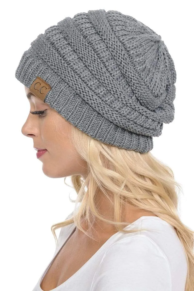 C.C Hat 20A - Slouchy Thick Warm Cap Hat Skully Color Cable Knit Beanie