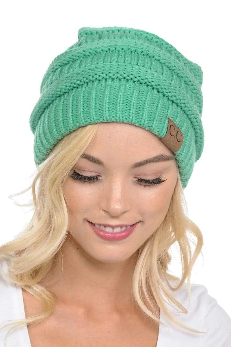 C.C Hat 20A - Slouchy Thick Warm Cap Hat Skully Color Cable Knit Beanie