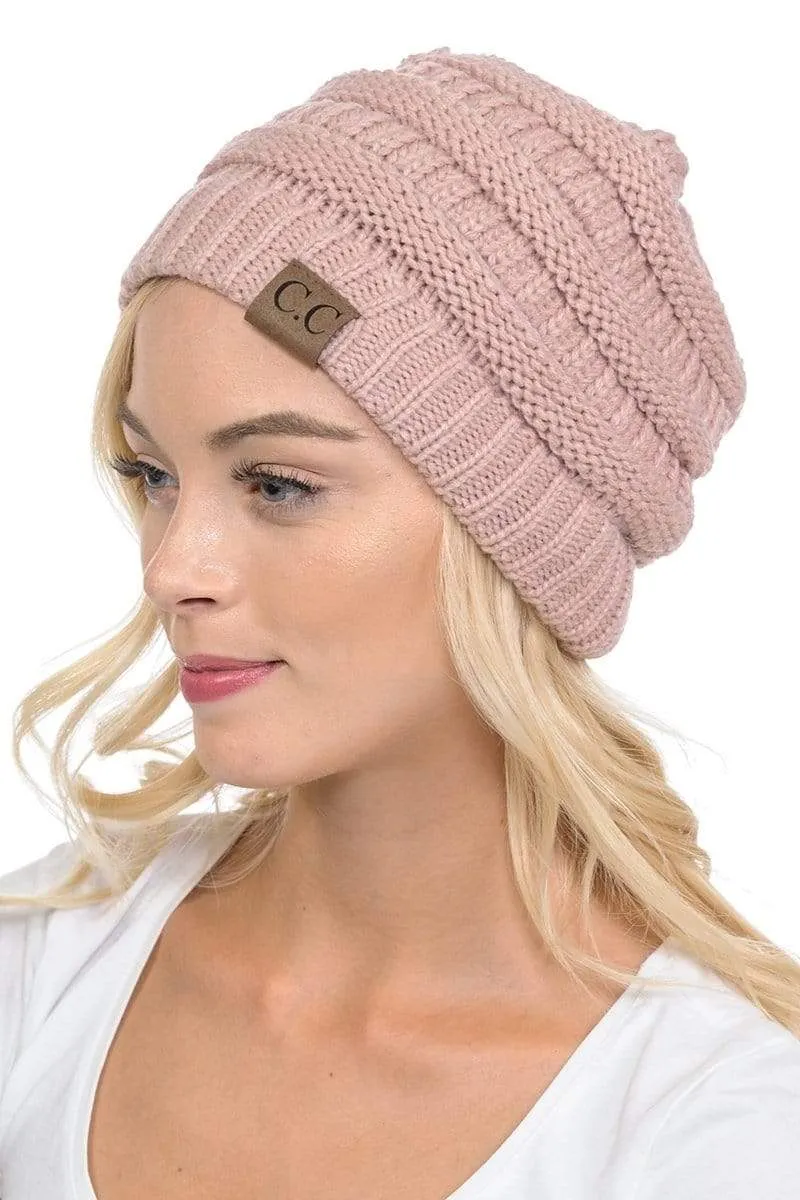 C.C Hat 20A - Slouchy Thick Warm Cap Hat Skully Color Cable Knit Beanie