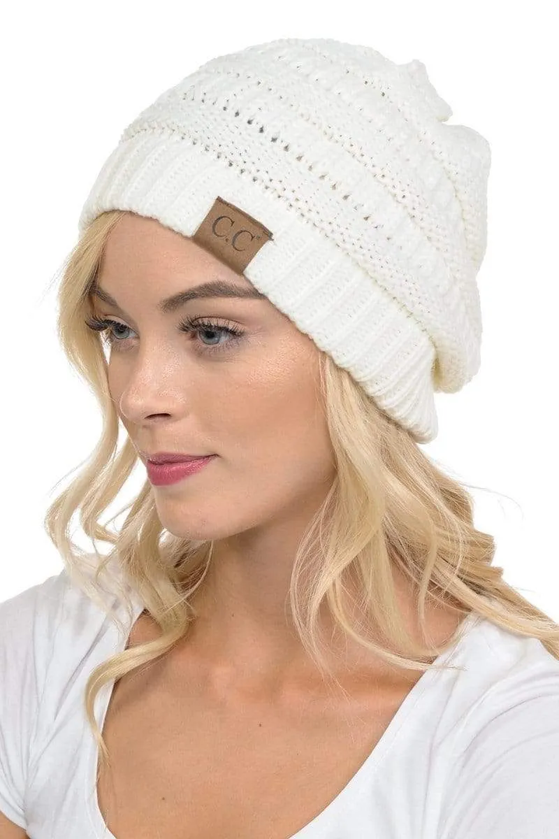 C.C Hat 20A - Slouchy Thick Warm Cap Hat Skully Color Cable Knit Beanie
