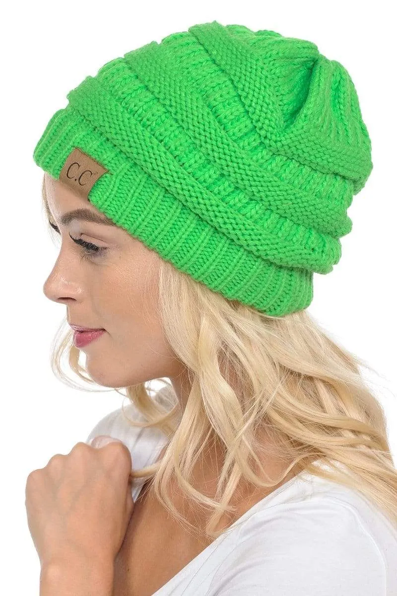 C.C Hat 20A - Slouchy Thick Warm Cap Hat Skully Color Cable Knit Beanie