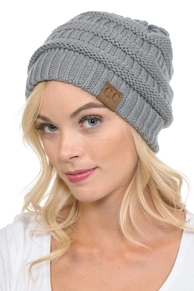 C.C Hat 20A - Slouchy Thick Warm Cap Hat Skully Color Cable Knit Beanie
