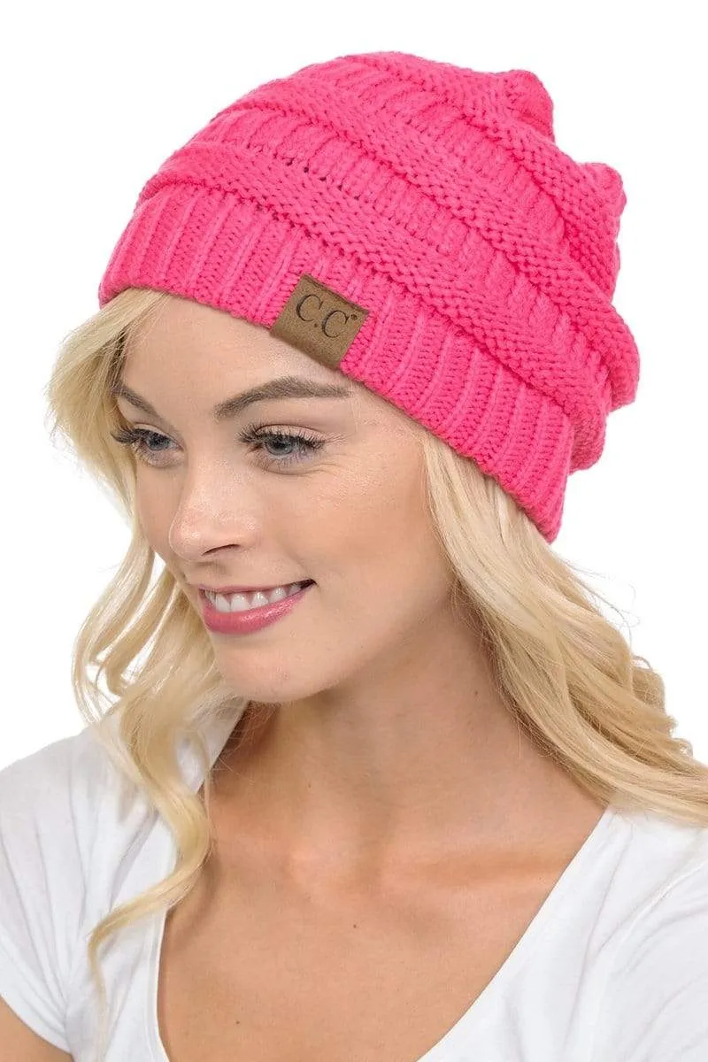 C.C Hat 20A - Slouchy Thick Warm Cap Hat Skully Color Cable Knit Beanie